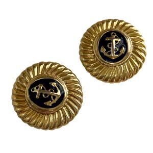 Vintage Nautical Anchor Round Shoe or Purse Clips Round Gold & Navy Blue Enamel
